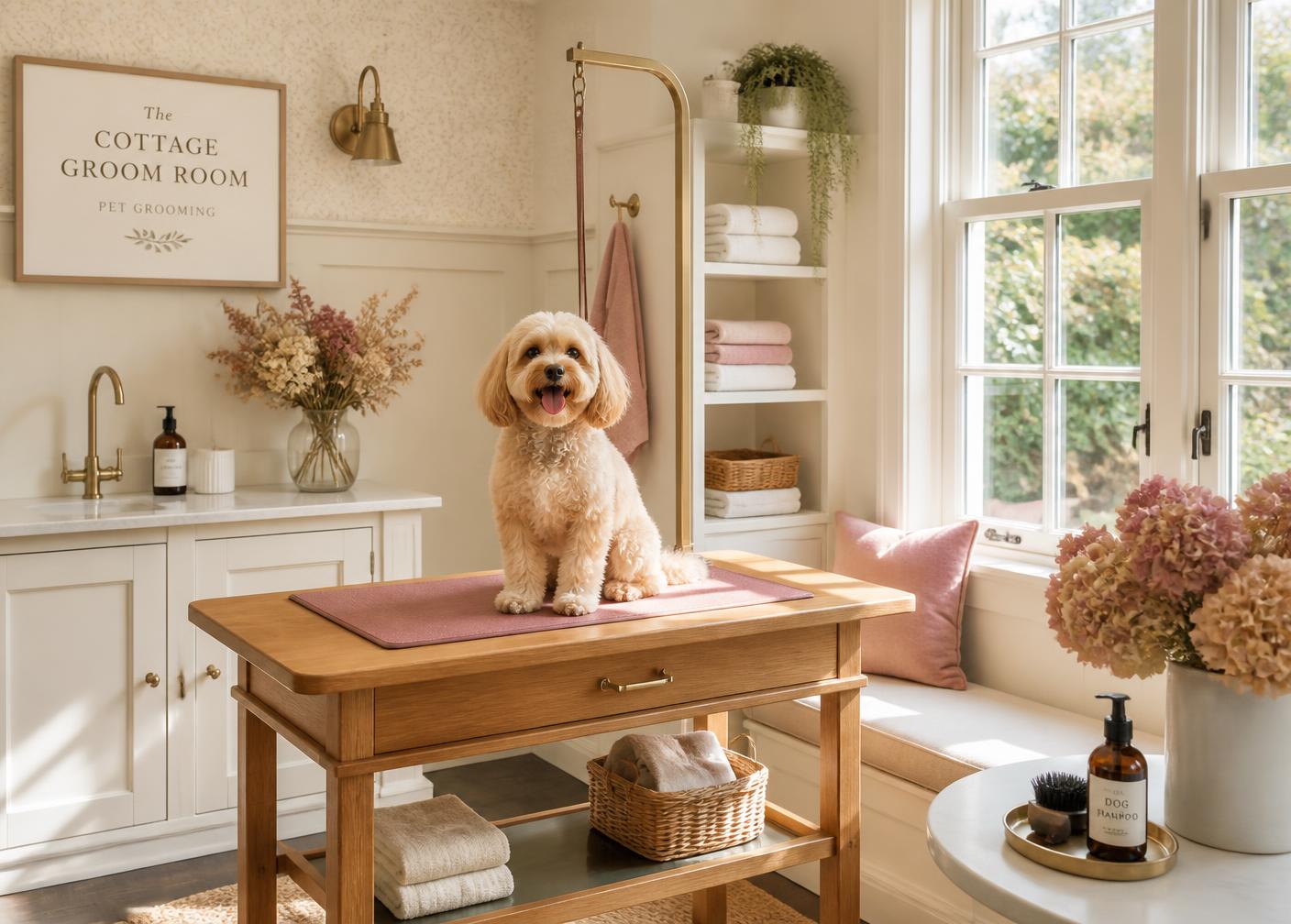 Bright cottage grooming room with an oak table, brass fittings and dried flowers