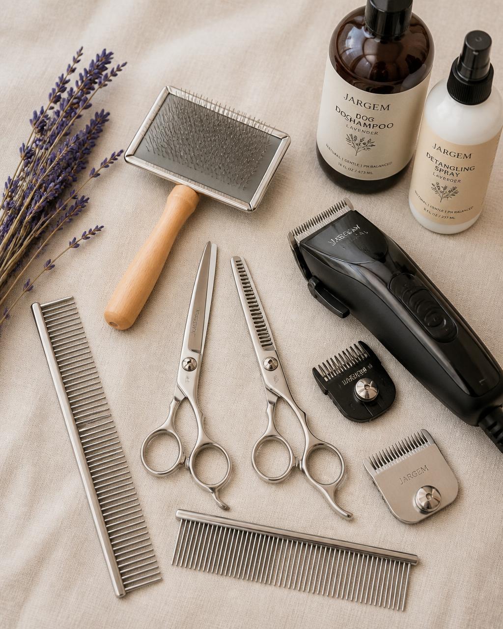 Professional grooming shears, combs and shampoo arranged on cream linen