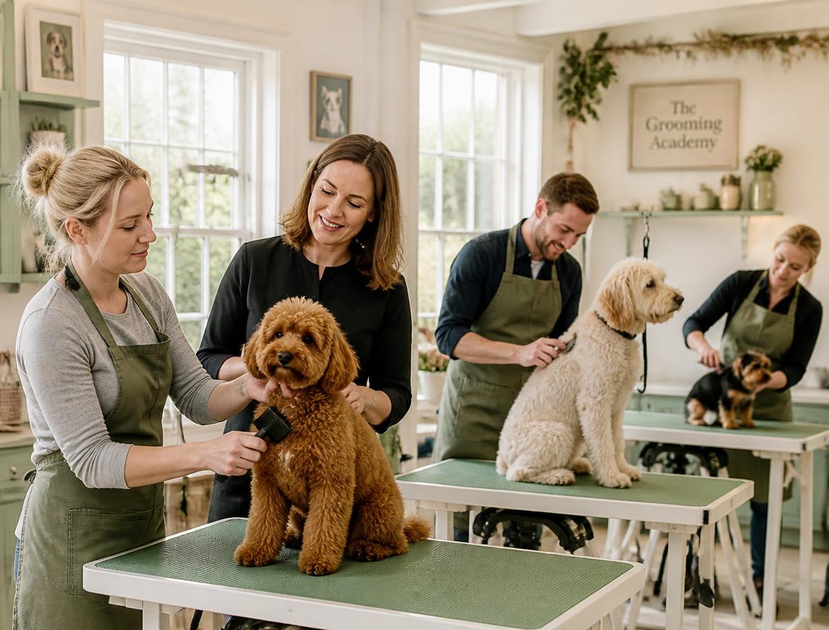 Students learning at grooming tables in a bright studio